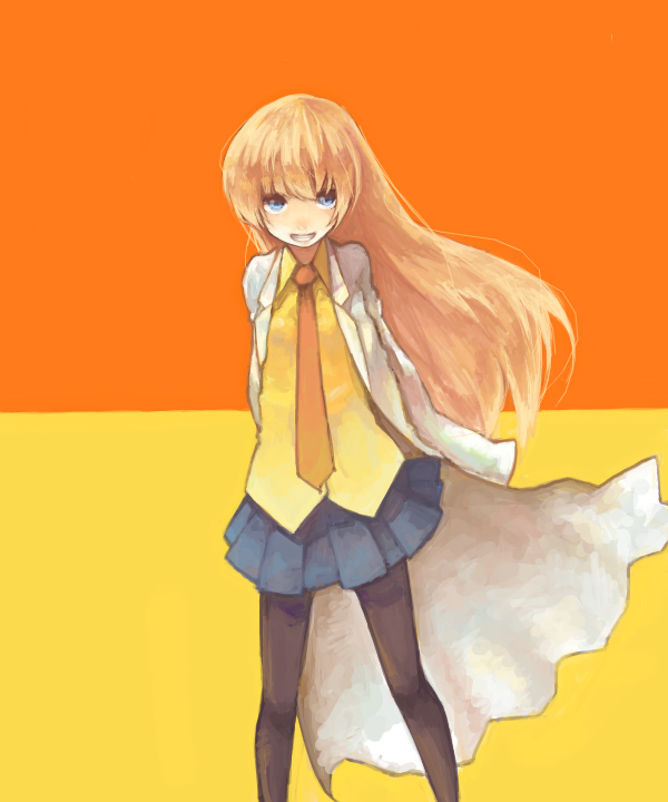 1girl black_pantyhose blonde_hair blue_eyes commentary_request haruhito_(divineshalt) lab_coat long_hair looking_at_viewer necktie pani_poni_dash! pantyhose rebecca_miyamoto skirt smile solo
