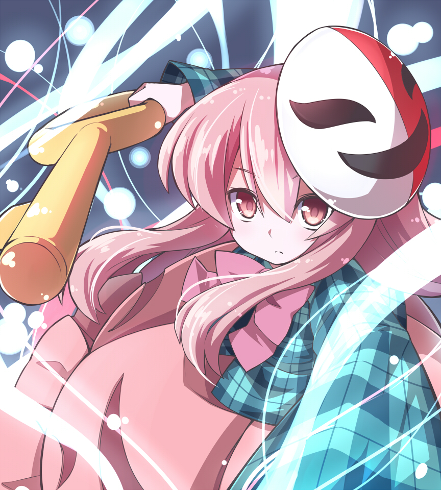 1girl bow bowtie crossover expressionless female_focus hata_no_kokoro key long_hair long_sleeves looking_at_viewer mario_(series) mask nintendo phanto pink_eyes pink_hair plaid_clothes plaid_shirt shirt skirt solo super_mario_bros._2 touhou yuuki_(yuyuki000)