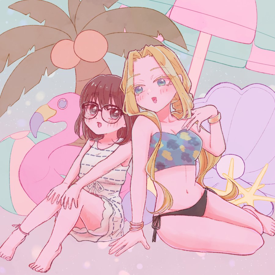 2girls blonde_hair blush glasses iin_chiyo kimi_no_koto_ga_dai_dai_dai_dai_daisuki_na_100-nin_no_kanojo long_hair multiple_girls oknomyk short_hair swimsuit utsukushisugi_mimimi