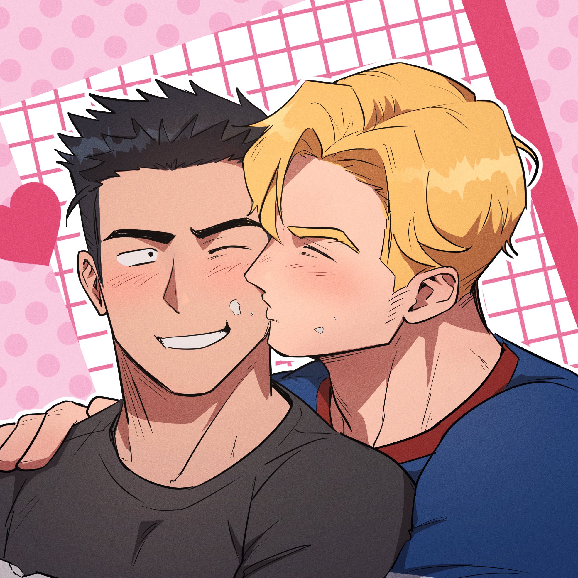 2boys ao_isami black_hair black_shirt blonde_hair blue_shirt closed_eyes commentary crew_neck curtained_hair facial_hair grid_background grin hand_on_another's_shoulder hashtag-only_commentary heart highres kiss kissing_cheek lewis_smith looking_to_the_side male_focus multiple_boys one_eye_closed parted_hair polka_dot shirt short_hair sideburns sideburns_stubble sideways_glance smile stubble t-shirt teeth wasted_m9 yaoi yuuki_bakuhatsu_bang_bravern