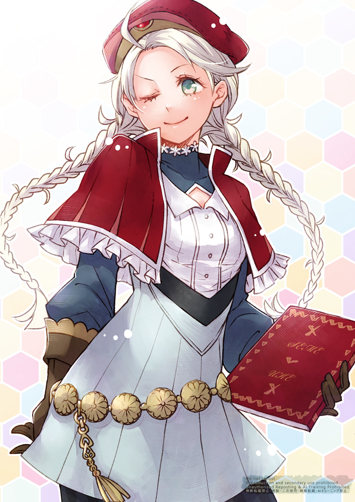 1girl ahoge blue_eyes book braid breasts brown_gloves capelet closed_mouth ebi_puri_(ebi-ebi) fire_emblem fire_emblem_fates gloves grey_hair holding holding_book looking_at_viewer low_twin_braids low_twintails medium_breasts nina_(fire_emblem) nintendo parted_bangs red_capelet smile solo twin_braids twintails