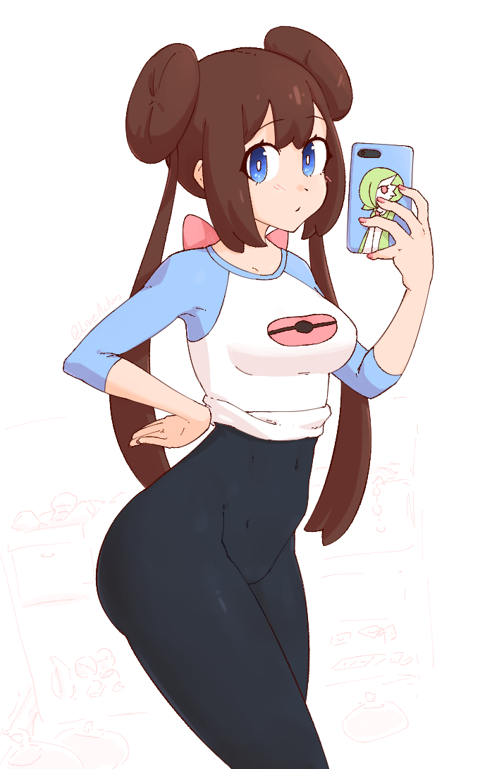 1girl animal_print ass back_bow black_pantyhose blue_eyes blue_sleeves bow breasts brown_hair character_print closed_mouth clothes_lift covered_navel cowboy_shot dot_mouth dot_nose double_bun eyes_visible_through_hair female_focus furrowed_brow game_freak gardevoir gen_3_pokemon groin hair_bun hand_on_own_hip holding holding_phone legs_together liveactors long_hair looking_at_viewer medium_breasts monochrome navel nintendo pantyhose phone pink_bow pink_nails poke_ball_print pokemon pokemon_bw2 pokemon_print raglan_sleeves rosa_(pokemon) shirt shirt_lift sketch_background solo standing tareme three-quarter_sleeves white_background white_shirt