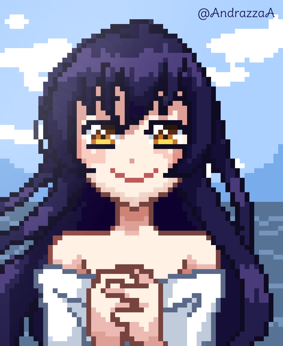 1girl 8-bit artist_name artist_request bare_shoulders blue_hair blue_sky blush breasts brown_eyes cloud collarbone day dress female_focus hair_between_eyes long_hair looking_at_viewer love_live! love_live!_school_idol_project outdoors own_hands_together parted_lips sky small_breasts smile solo sonoda_umi upper_body white_dress yellow_eyes