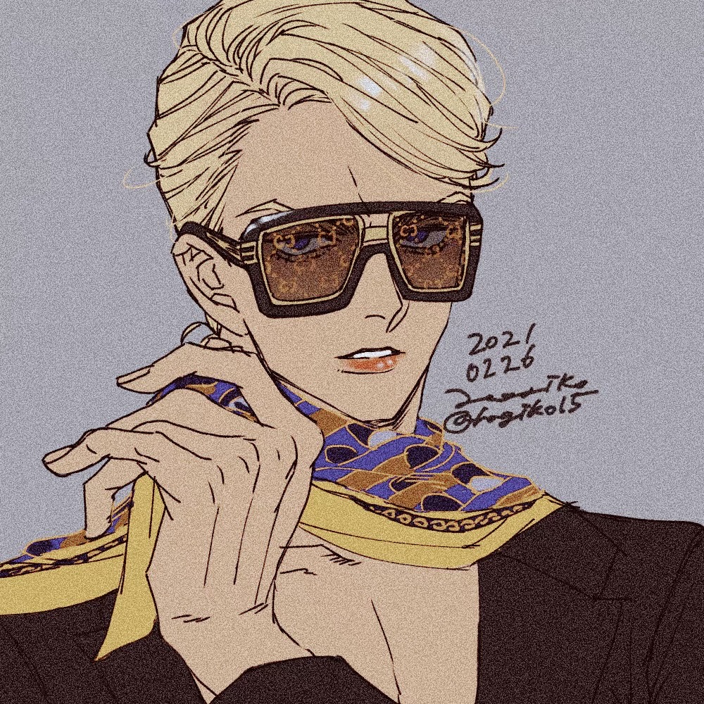 1boy aegyo_sal black_jacket blonde_hair blue_eyes dated film_grain grey_background hagiko15 jacket jojo_no_kimyou_na_bouken lone_nape_hair long_sleeves male_focus parted_lips pectoral_cleavage pectorals portrait prosciutto red_lips scarf short_hair signature solo sunglasses twitter_username vento_aureo