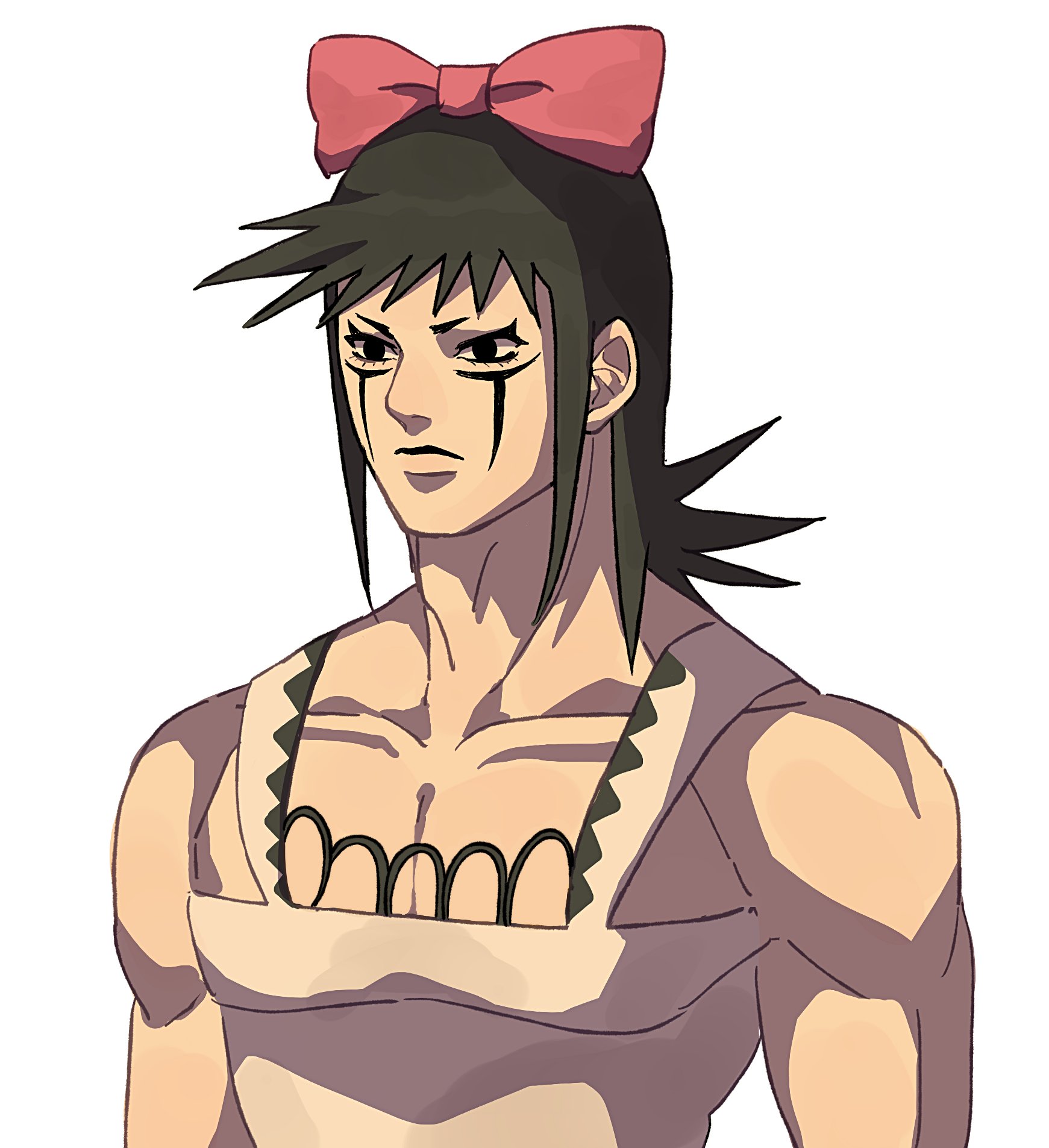 1boy black_eyes black_hair bow charming_man crossdressing crossdressing_(mtf) facial_mark hair_bow highres jojo_no_kimyou_na_bouken long_hair male_focus manly overalls pectoral_cleavage pectorals pink_bow siniy solo the_jojolands white_overalls