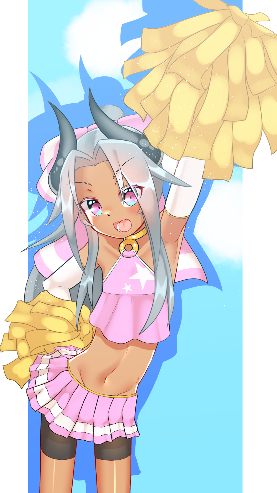 1girl armpits black_horns blush bow cheerleader commentary_request curtained_hair dark-skinned_female dark_skin elbow_gloves gloggy gloves grey_hair highres horns jewelry kikyou_(gloggy) linea_alba long_hair looking_at_viewer neck_ring open_mouth original outside_border pillarboxed pink_bow pink_eyes pink_skirt pom_pom_(cheerleading) skirt slim_legs solo stomach white_gloves