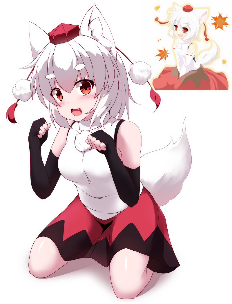 1girl animal_ear_fluff animal_ears artist_progress black_gloves black_skirt blush breasts commentary_request elbow_gloves fang fingerless_gloves full_body gloves hair_between_eyes hat inubashiri_momiji large_breasts looking_at_viewer open_mouth paw_pose pom_pom_(clothes) red_eyes red_hat red_skirt shirt short_hair simple_background sivamaron skirt sleeveless sleeveless_shirt smile solo tail tokin_hat touhou turtleneck turtleneck_shirt two-tone_skirt white_background white_hair white_shirt wolf_ears wolf_girl wolf_tail