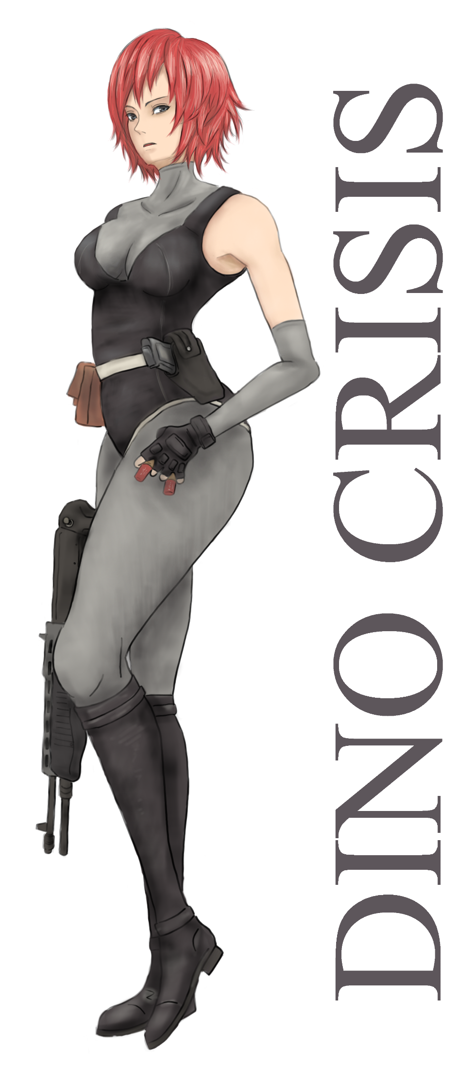 1girl belt_pouch bodysuit boots bridal_gauntlets capcom copyright_name crossdraw_holster dino_crisis fingerless_gloves gloves grey_eyes gun handgun highres holster knee_boots leotard open_mouth pixie_cut pouch pump_action red_hair regina_(dino_crisis) shotgun shotgun_shell sleeveless sleeveless_bodysuit leotard spas-12 turtleneck turtleneck_bodysuit weapon