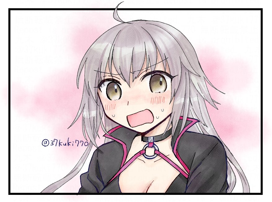 1girl 37kuki770 ahoge artist_name bikini black_bikini black_choker black_jacket blush border breasts choker cleavage collarbone commentary_request fate/grand_order fate_(series) grey_hair hair_between_eyes jacket jeanne_d&#039;arc_alter_(fate) jeanne_d&#039;arc_alter_(swimsuit_berserker)_(fate) long_hair looking_at_viewer o-ring o-ring_bikini open_clothes open_jacket open_mouth outside_border solo swimsuit white_border yellow_eyes