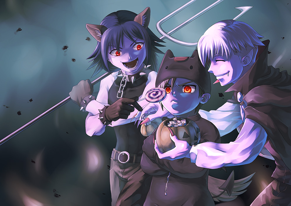 3boys :&lt; animal_collar animal_ears ascot belt black_hair black_shirt brown_belt brown_cape brown_gloves brown_hair brown_pants candy cape chain closed_eyes closed_mouth collar commentary_request cowboy_shot crossed_arms demon_tail deviruchi_hat dog_boy dog_ears dog_tail fang fingernails food gloves halloween hat lollipop long_fingernails long_sleeves looking_at_another looking_to_the_side male_focus multiple_boys nail_polish onesie open_mouth pants pitchfork pumpkin ragnarok_online red_eyes shirt short_hair sleeveless sleeveless_shirt smile spiked_collar spiked_gloves spikes standing susukinohukurou tail teeth tight_clothes tight_shirt vampire_costume very_short_hair white_ascot white_hair white_shirt