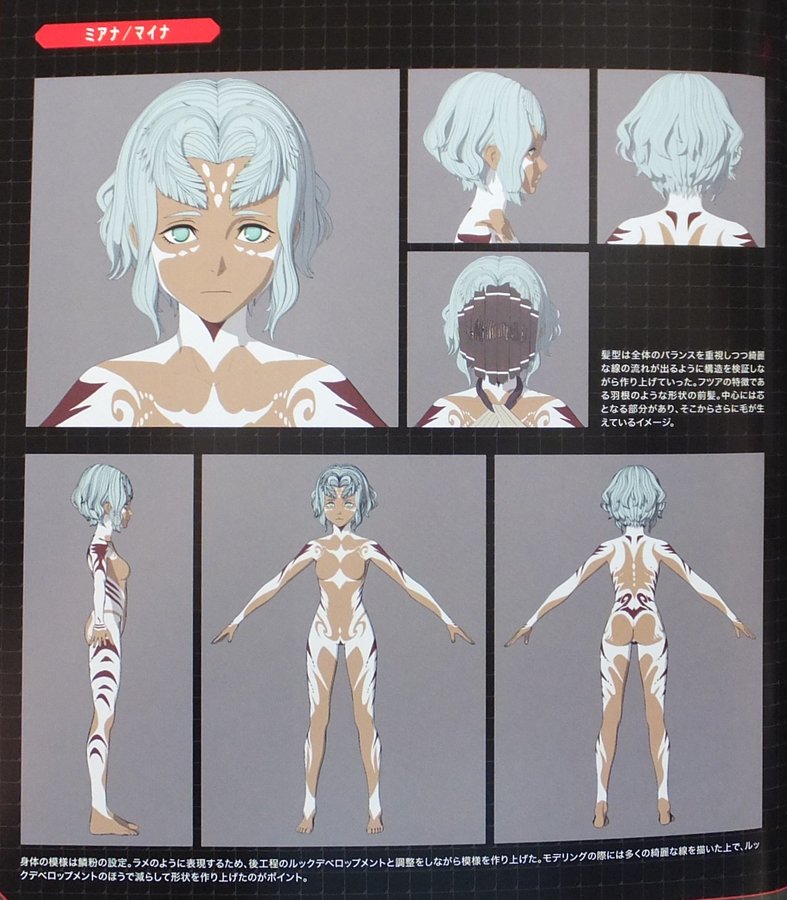 1girl antennae back_tattoo blue_hair bodypaint breasts concept_art dark_skin godzilla:_city_on_the_edge_of_battle godzilla_(series) green_eyes houtua maina mask miana monster_girl nude official_art polygon_pictures pubic_tattoo small_breasts tattoo toho tramp_stamp translation_request tribal tribal_tattoo