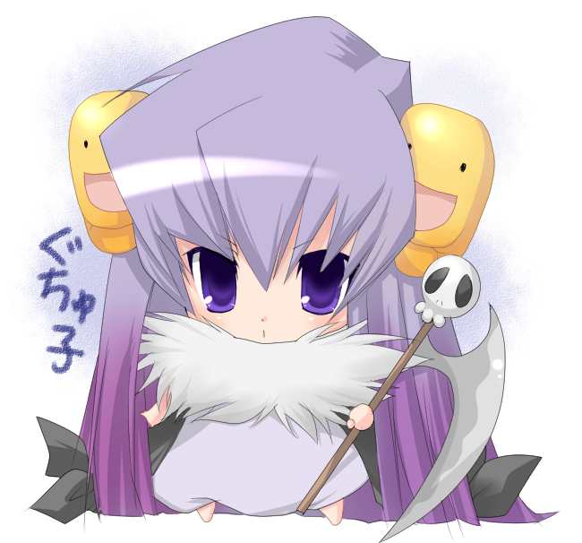 00s chibi gradient_hair guchuko kosumo multicolored_hair potemayo purple_eyes scythe solo