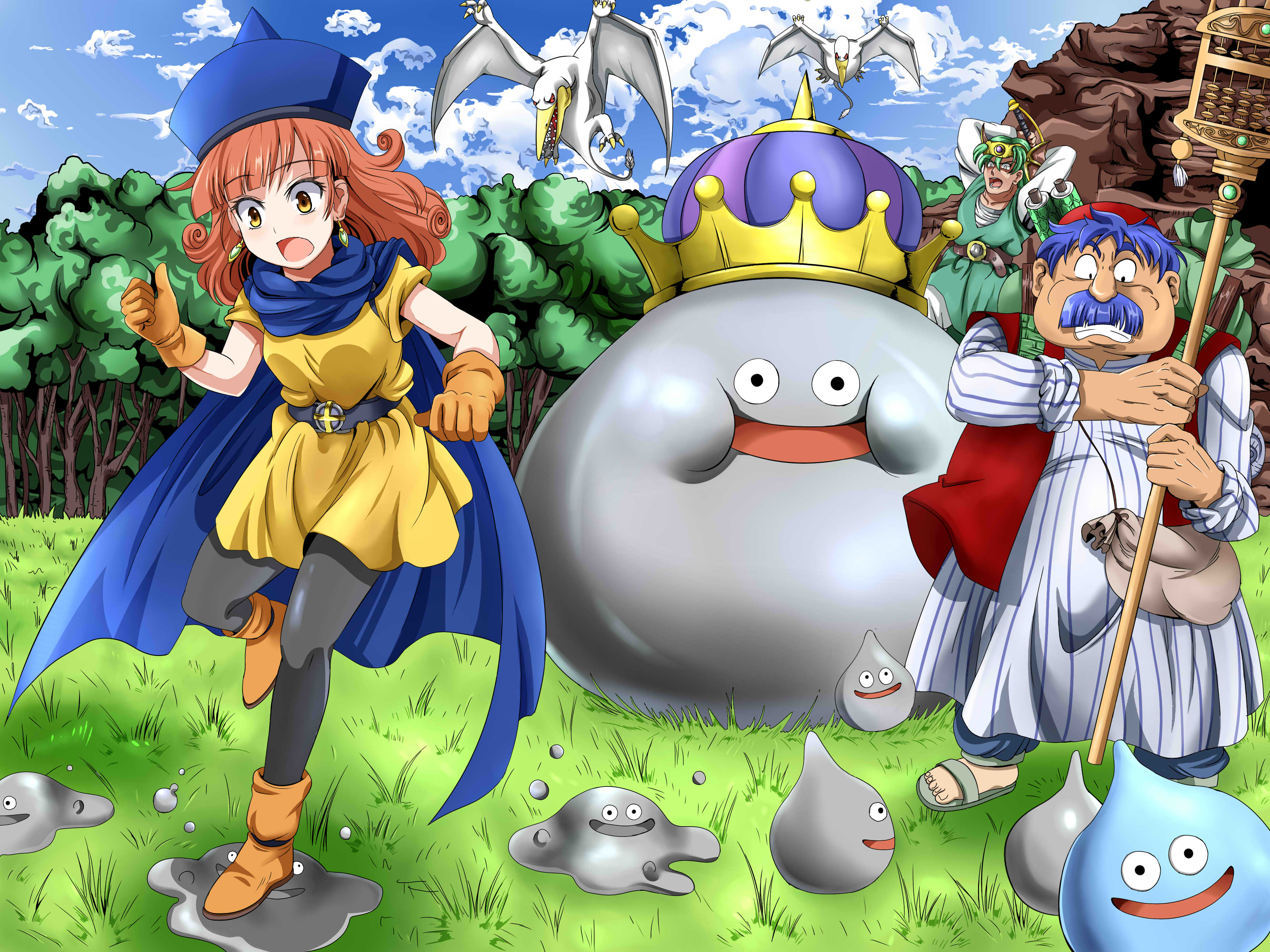 1girl 2boys 422322 :d :o absurdres alena_(dq4) arms_up bad_id bad_pixiv_id bag battle belt black_eyes black_pantyhose blue_hair blue_skin blunt_bangs boots brown_eyes cape chunsoft circlet claws clenched_hands clenched_teeth cloud colored_skin constricted_pupils crown curly_hair day dragon_quest dragon_quest_iv dress e.o. earrings enix facial_hair feet flying gloves grass green_hair grey_skin hair_between_eyes hat helmet hero_(dq4) highres holding jewelry jumping leg_lift liquid_metal_slime liquid_metal_slime_(dq) long_hair looking_down metal_king metal_king_slime metal_slime monster multiple_boys mustache nature o_o open_mouth orange_hair outdoors pantyhose parted_bangs pinstripe_pattern plump pteranodon_(dragon_quest) pterosaur red_eyes red_hair rock sack sandals scared scroll short_dress short_hair skirt sky sleeves_rolled_up slime_(dragon_quest) smile staff standing standing_on_one_leg stepped_on striped surprised sword teeth torneko tree vest weapon white_eyes yellow_eyes yellow_skirt