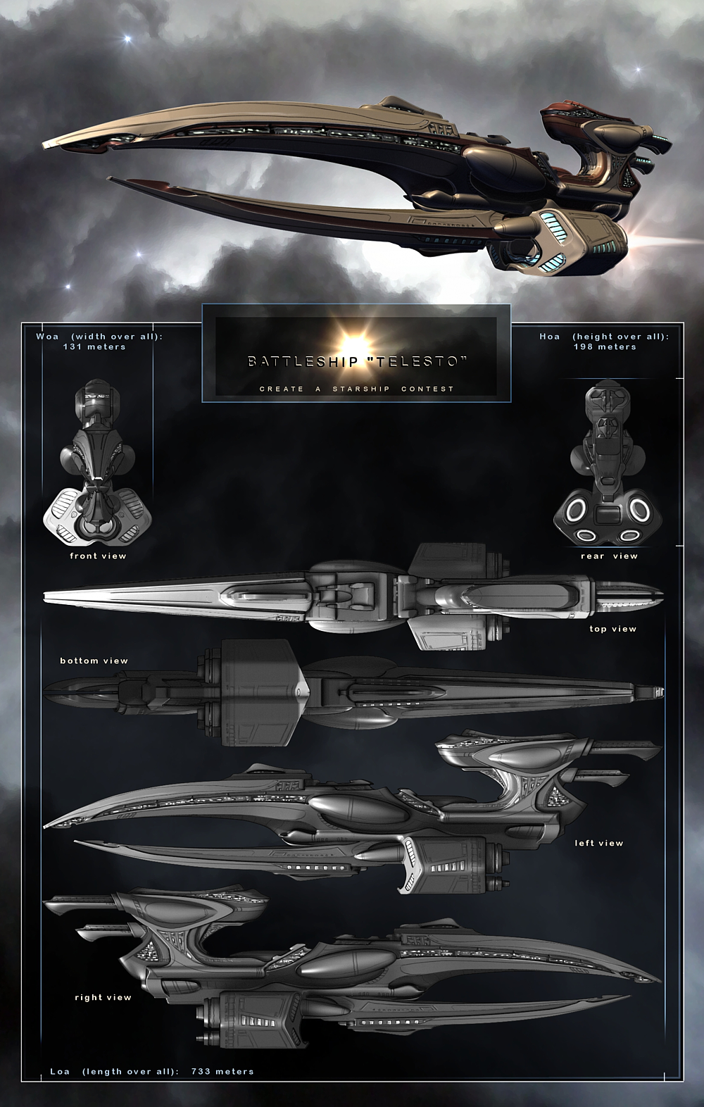3d amarr_empire_(eve_online) battlecruiser_(eve_online) blender_(medium) reference_sheet commentary concept_art english_text eve_online flying from_side gimp_(medium) glowing highres img-nation military_vehicle multiple_views no_humans original realistic science_fiction spacecraft thrusters vehicle_focus