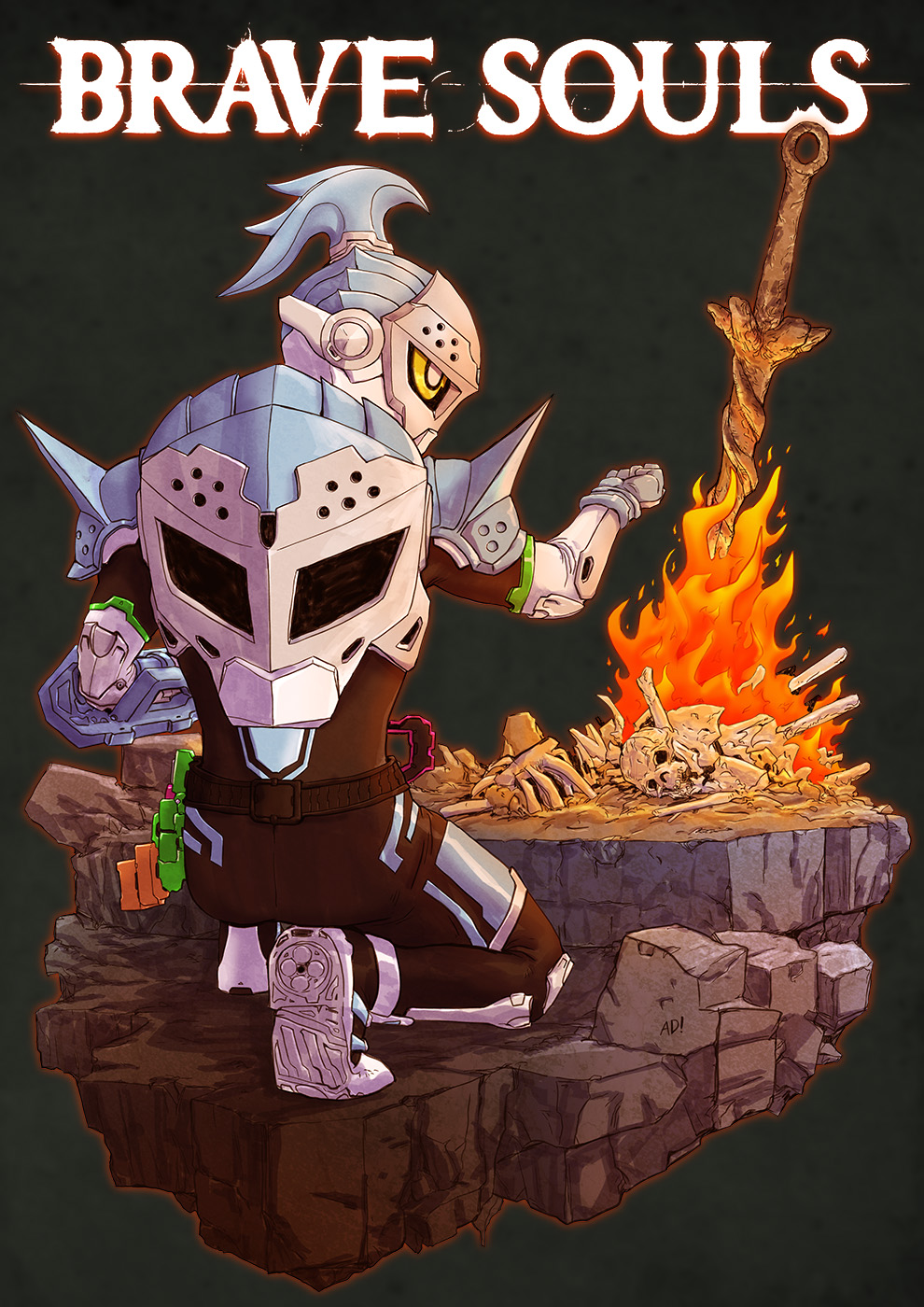 adi_(adivider) armor belt bonfire commentary dark_souls_(series) dark_souls_i fire helmet highres kamen_rider kamen_rider_brave kamen_rider_ex-aid kamen_rider_ex-aid_(series) male_focus original parody quest_gamer_level_2 solo sword taddle_quest_level_2 weapon