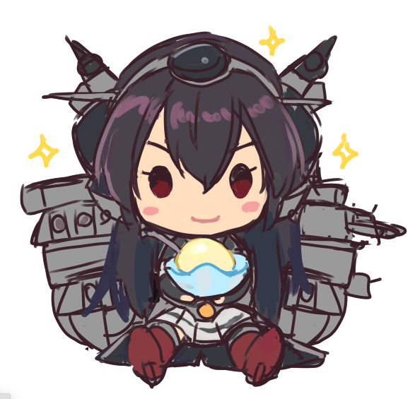 1girl black_hair brown_eyes chibi food grey_skirt headgear ice_cream kantai_collection kasumi_(skchkko) long_hair nagato_(kancolle) nagato_kai_ni_(kancolle) pleated_skirt red_footwear simple_background sitting skirt smile solo sparkle white_background