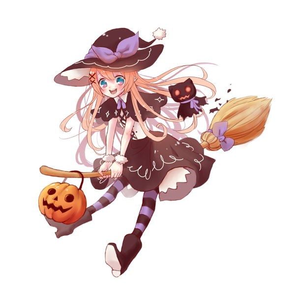 1girl :d black_footwear black_skirt blush boots broom broom_riding capelet collared_shirt corset efina full_body glowing glowing_eyes hat holding holding_broom lie_(lieat) lieat long_hair monotsuki neck_ribbon open_mouth orange_hair outstretched_arms pantyhose pink_eyes pointy_ears purple_ribbon red_eyes ribbon shirt simple_background skirt smile striped_clothes striped_pantyhose striped_thighhighs thighhighs very_long_hair white_background white_shirt wing_collar witch witch_hat wrist_cuffs