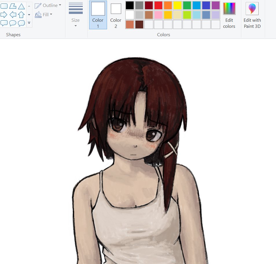1girl art_program_in_frame asymmetrical_hair blush breasts brown_eyes brown_hair cleavage closed_mouth commentary english_commentary expressionless hair_ornament hairclip iwakura_lain microsoft_paint_(medium) microsoft_paint_(software) serial_experiments_lain short_hair simple_background single_sidelock solo tank_top upper_body white_background white_tank_top x_hair_ornament zoolpal