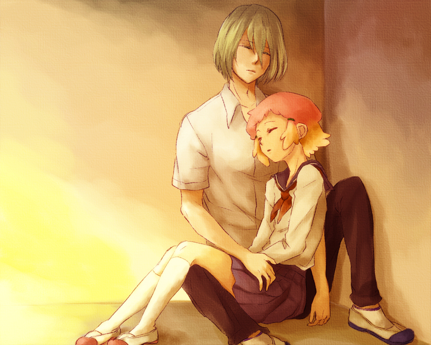 10s 1boy 1girl aquarion_(series) aquarion_evol bad_id bad_pixiv_id blonde_hair closed_eyes jin_musou multicolored_hair orange_hair purple_hair saiba_(henrietta) school_uniform serafuku short_hair sleeping yunoha_thrul