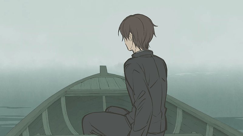 1boy black_jacket black_pants boat brown_hair check_spoilers cowboy_shot da_huang fog from_behind jacket long_sleeves male_focus pants school_uniform sitting solo tatsumi_koutarou water watercraft zombie_land_saga