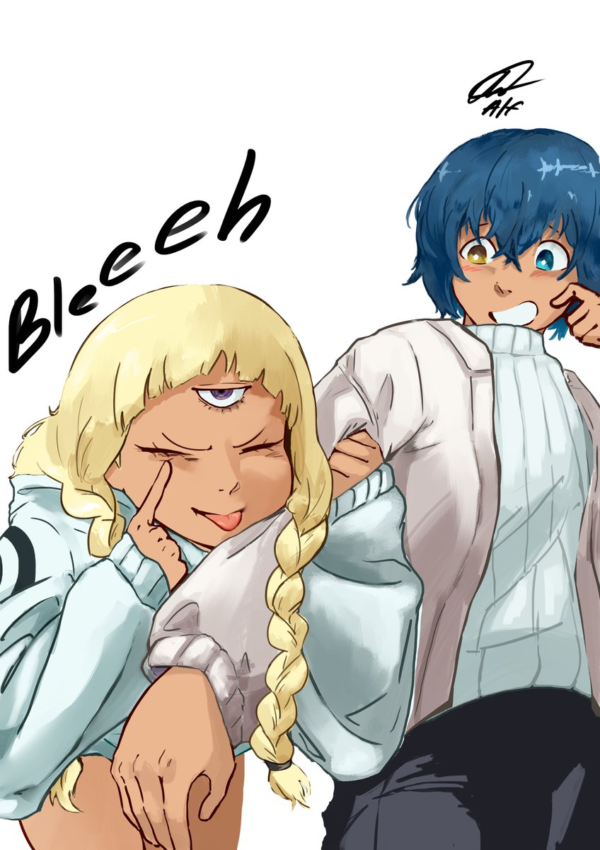 1boy 1girl alfdavinchi alternate_costume aqua_hoodie black_pants blonde_hair blue_eyes blue_hair blush braid casual closed_eyes commentary contemporary dark-skinned_female dark-skinned_male dark_skin english_commentary english_text eupha_(metaphor:_refantazio) heterochromia highres hood hoodie locked_arms long_hair metaphor:_refantazio pants protagonist_(metaphor:_refantazio) purple_eyes ribbed_sweater short_hair signature simple_background smile sweater third_eye tongue tongue_out turtleneck turtleneck_sweater twin_braids white_background white_sweater yellow_eyes