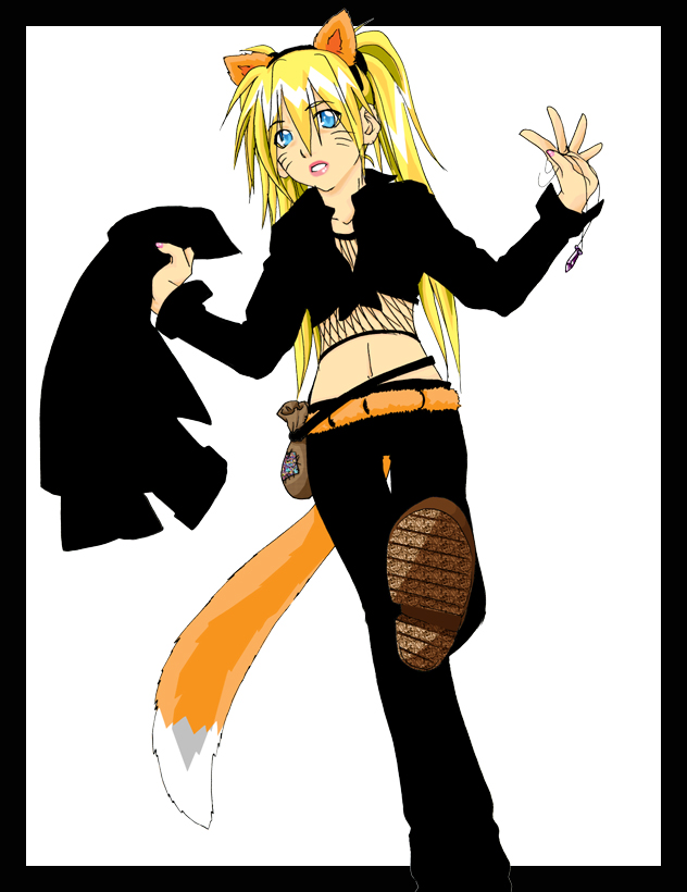 1girl animal_ears bag bell-bottoms black_jacket black_pants black_shirt blonde_hair blue_eyes breasts collarbone facial_mark facing_viewer fake_animal_ears fake_tail female_focus fishnet_top fishnets fox_ears fox_tail front-tie_shirt full_body genderswap genderswap_(mtf) hair_between_eyes hands_up holding holding_jacket holding_jewelry holding_necklace holding_pendant holding_unworn_clothes jacket jewelry leg_up long_hair looking_at_viewer medium_breasts midriff naruko_(naruto) naruto_(classic) naruto_(series) navel necklace open_mouth outside_border pants pendant pouch shirt shoes simple_background solo standing standing_on_one_leg stomach tail twinfin666 twintails unworn_jacket uzumaki_naruto whisker_markings whiskers white_background