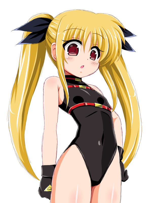 1girl belt_bra black_gloves black_leotard black_ribbon blonde_hair covered_navel cowboy_shot fate_testarossa fate_testarossa_(movie_1st_form) gloves hair_ribbon leotard long_hair looking_at_viewer lyrical_nanoha mahou_shoujo_lyrical_nanoha red_eyes ribbon simple_background solo standing strapless strapless_leotard twintails white_background yaeba