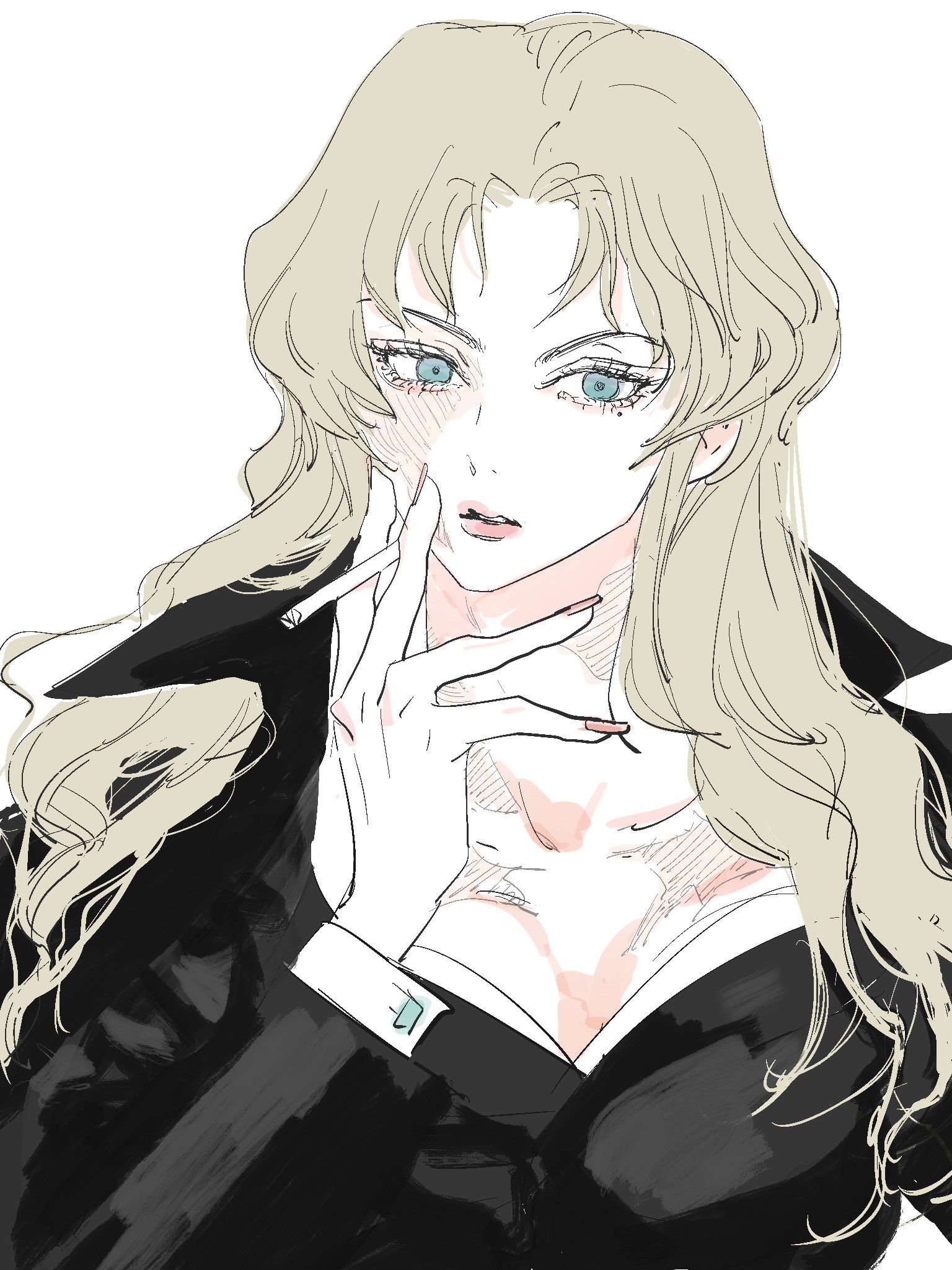 1girl balalaika_(black_lagoon) black_coat black_jacket black_lagoon blonde_hair blue_eyes cigarette coat coat_on_shoulders commentary highres holding holding_cigarette jacket long_hair mole mole_under_eye needbee_r pink_lips pink_nails scar scar_on_face simple_background solo upper_body white_background