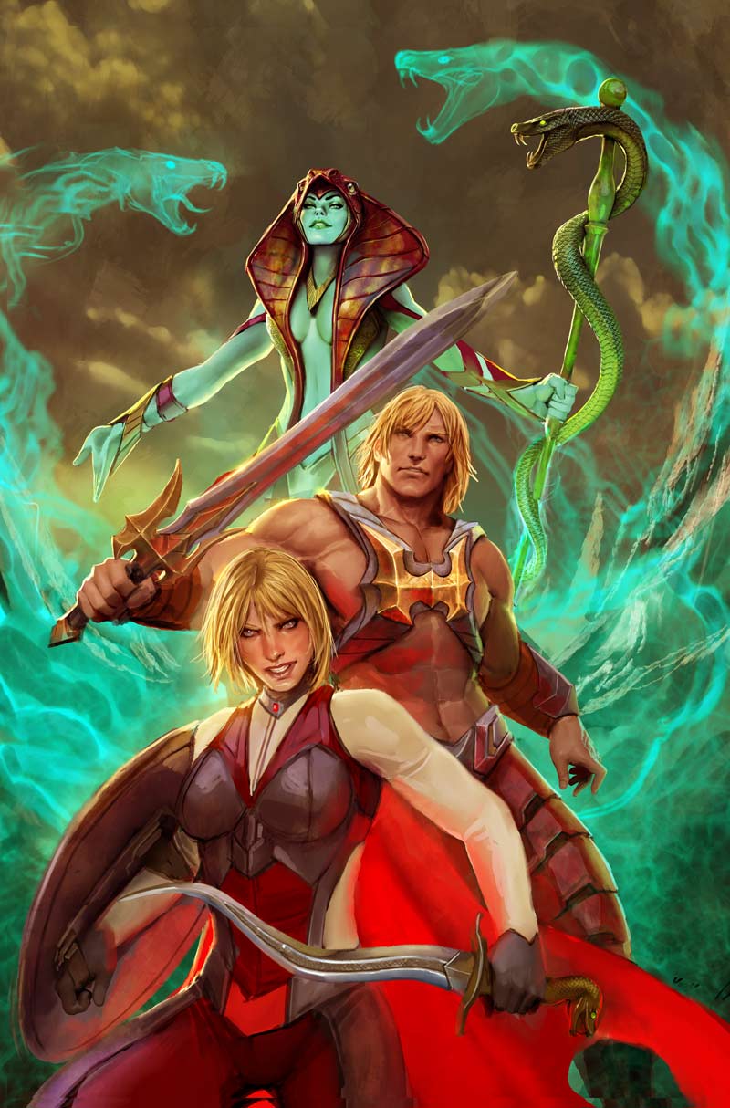 1boy 2girls blonde_hair he-man highres holding holding_weapon masters_of_the_universe multiple_girls shield snake staff standing stjepan_sejic sword weapon