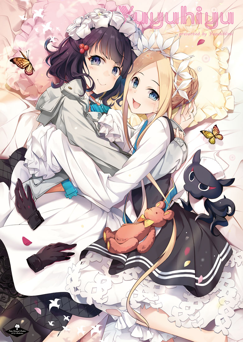 2girls :d abigail_williams_(fate) abigail_williams_(festival_outfit)_(fate) alternate_costume apron black_dress blonde_hair blue_eyes braid braided_bun brown_gloves bug butterfly closed_mouth commentary_request cover cover_page cropped_jacket dress enmaided fate/grand_order fate_(series) frilled_pillow frilled_sleeves frills from_above gloves grey_jacket hair_bun hair_ornament hirai_yuzuki hug insect jacket katsushika_hokusai_(fate) katsushika_hokusai_(festival_outfit)_(fate) looking_at_viewer maid maid_apron maid_headdress medium_hair multiple_girls octopus official_alternate_costume on_bed open_mouth parted_bangs pillow purple_hair shirt single_hair_bun sleeves_past_fingers sleeves_past_wrists smile stuffed_animal stuffed_toy swept_bangs teddy_bear tokitarou_(fate) unworn_gloves white_apron white_shirt