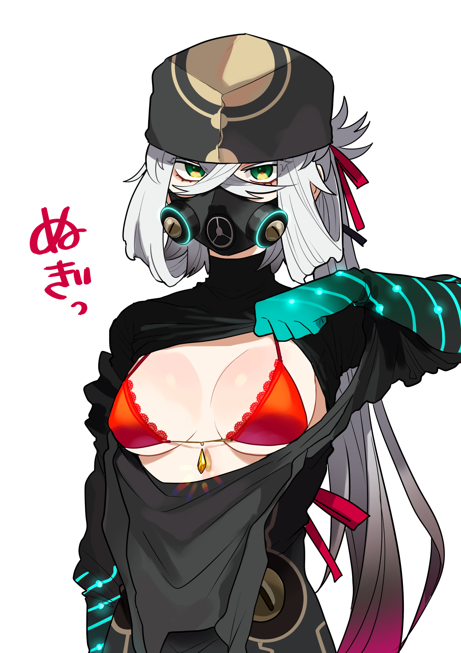 1girl asclepius_(fate) bra breasts brown_headwear crossed_bangs fate/grand_order fate_(series) genderswap genderswap_(mtf) green_eyes hair_between_eyes highres kinakotatu large_breasts long_hair mask red_bra revealing_clothes simple_background solo translation_request underwear white_background white_hair