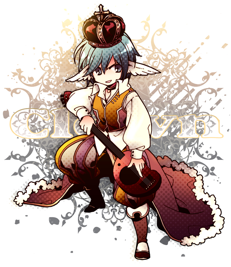 1boy blue_eyes blue_hair boots brown_boots brown_pants brown_vest character_name clown_(ragnarok_online) collared_shirt commentary_request crown exyagi feathered_wings full_body head_wings holding holding_instrument instrument long_sleeves looking_at_viewer lute_(instrument) male_focus open_mouth pants ragnarok_online red_crown shirt short_hair smile solo vest white_background white_shirt white_wings wings