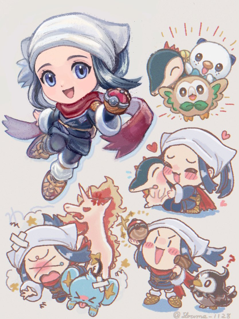 &gt;_&lt; &gt;o&lt; :3 akari_(pokemon) blue_eyes blue_hair chibi chibi_only cyndaquil galaxy_expedition_team_survey_corps_uniform game_freak gen_1_pokemon gen_2_pokemon gen_4_pokemon gen_7_pokemon headscarf heart hisuian_poke_ball holding holding_poke_ball looking_at_viewer nintendo pale_skin piplup poke_ball pokemon pokemon_legends:_arceus rapidash red_scarf rowlet sash scarf shinx sparkle starly suruga_kanade white_headscarf x3