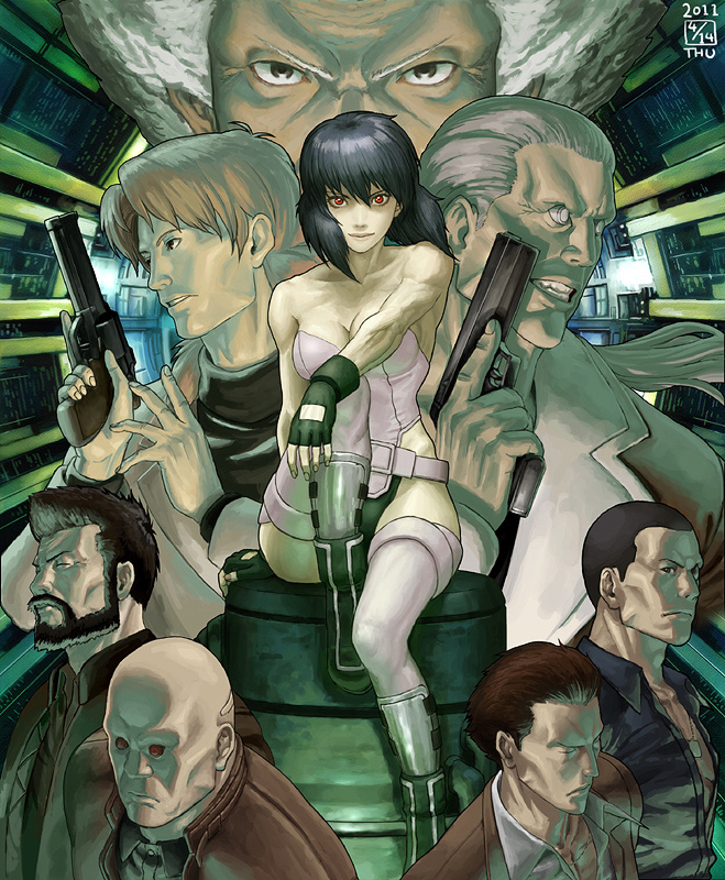 1girl 6+boys aramaki_daisuke bald batou_(gits) beard black_hair boma_(gits) breasts brown_hair cleavage cyberpunk cyborg everyone facial_hair fingerless_gloves ghost_in_the_shell ghost_in_the_shell:_stand_alone_complex gloves grey_hair gun handgun holding holding_gun holding_weapon ikeda_(cpt) ishikawa_(gits) kusanagi_motoko low_bore_axis_revolver manly mateba_2008m multiple_boys muscular mustache paz_(gits) red_eyes revision revolver saito saitou_(gits) science_fiction sitting thighhighs togusa_(gits) trigger_discipline turtleneck weapon white_hair