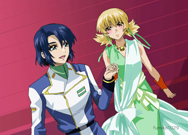 1boy 1girl artist_name athrun_zala blonde_hair blue_hair blush cagalli_yula_athha couple dress earrings fumiko_(mesushi) green_dress green_eyes gundam gundam_seed gundam_seed_freedom hair_ornament holding_hands jewelry military_uniform official_alternate_hairstyle short_hair smile stairs wristband yellow_eyes