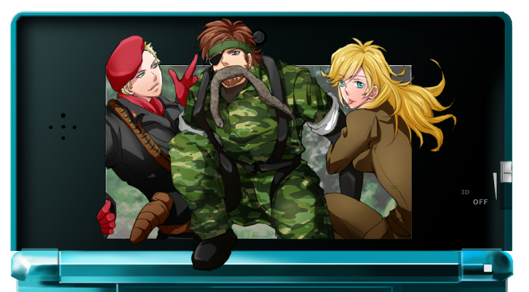 1girl 2boys artist_request bandana beret blonde_hair brown_hair camouflage eva_(metal_gear) eyepatch gloves handheld_game_console hat long_hair metal_gear_(series) metal_gear_solid_3:_snake_eater military military_uniform multiple_boys naked_snake nintendo_3ds red_gloves revolver_ocelot snake