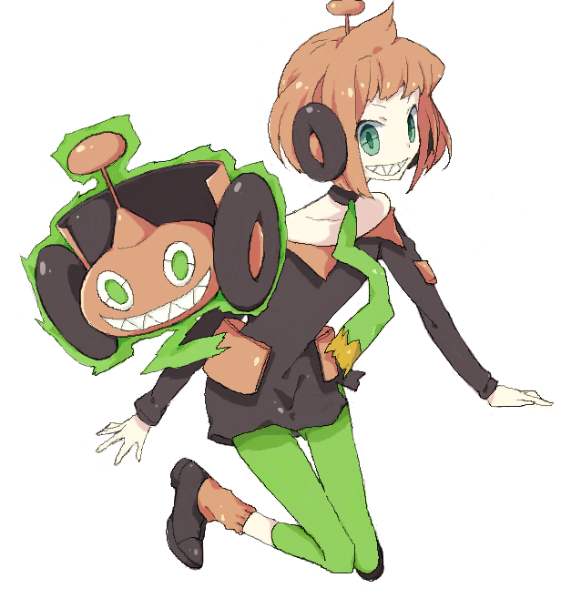 1other brown_footwear brown_hair brown_shirt collarbone commentary_request creature_and_personification detached_collar earmuffs gen_4_pokemon green_eyes green_necktie green_pants green_pupils grin long_sleeves nakamura_sandayo necktie nintendo off-shoulder_shirt off_shoulder orange_socks pants personification pokemon rotom rotom_(mow) sharp_teeth shirt shoes short_hair smile socks teeth