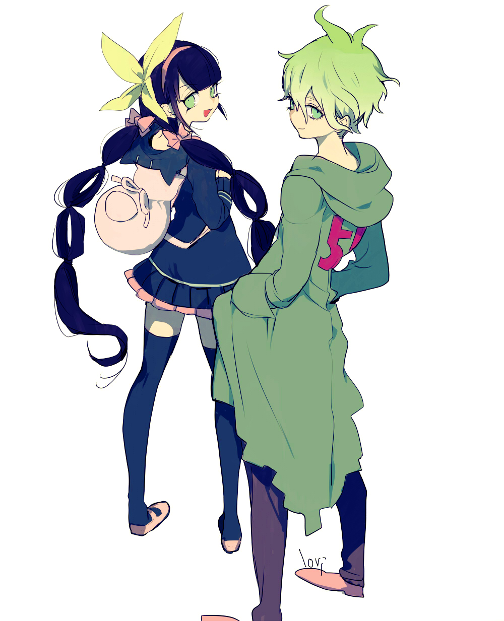 1boy 1girl amami_rantaro antenna_hair backpack bag black_hair black_hoodie black_thighhighs blunt_bangs chabashira_tenko cosplay danganronpa_(series) danganronpa_v3:_killing_harmony from_behind full_body green_eyes green_hair hair_between_eyes hairband highres hood hoodie komaeda_nagito komaeda_nagito_(cosplay) long_eyelashes long_hair looking_at_viewer lovi_(momoko37) low_twintails nanami_chiaki nanami_chiaki_(cosplay) open_mouth pink_hairband pinwheel_hair_ornament pleated_skirt school_uniform short_hair signature skirt smile standing thighhighs twintails very_long_hair white_background