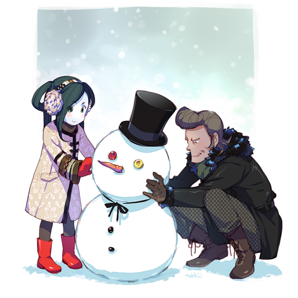1boy 1girl :q aged_down alternate_costume ankle_boots artist_name baptistin_(gankutsuou) black_coat black_hat black_ribbon blush_stickers boots border brown_boots brown_eyes brown_gloves brown_hair building_snowman carrot character_snowman child closed_mouth coat commentary_request count_of_monte_cristo_(gankutsuou) dark-skinned_male dark_skin earmuffs fur-trimmed_coat fur_trim gankutsuou gloves green_eyes green_hair hat haydee_(gankutsuou) height_difference long_hair long_sleeves parted_bangs pompadour red_boots red_gloves ribbon smile snow snowing snowman squatting standing tokkiii tongue tongue_out top_hat white_border winter winter_clothes