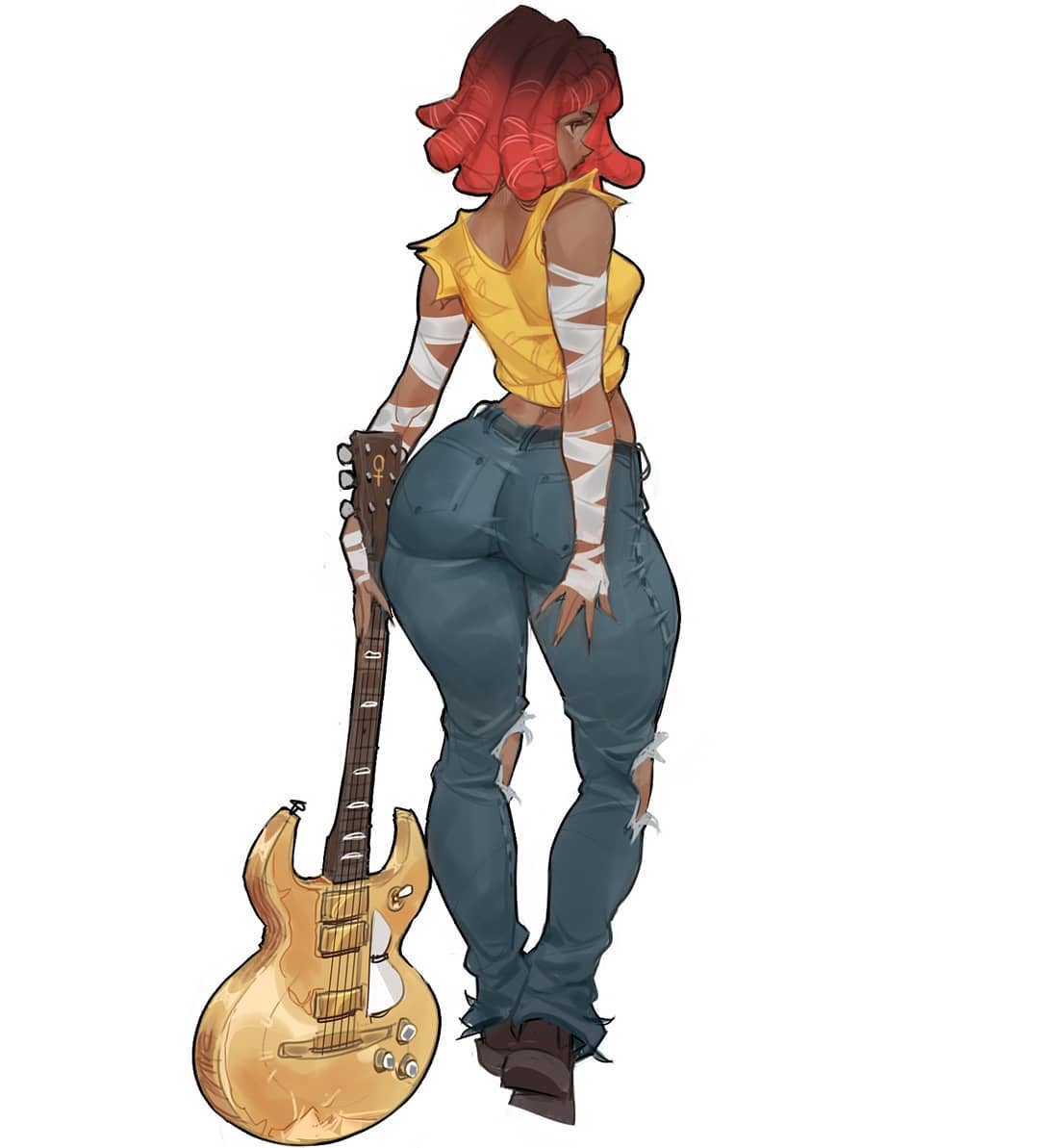1girl ass back cherry_hunter dark-skinned_female dark_skin denim from_behind guitar inputwo instrument jeans midriff pants red_hair torn_jeans sega sleeveless streets_of_rage streets_of_rage_4 thick_thighs thighs torn_clothes torn_jeans torn_pants wide_hips