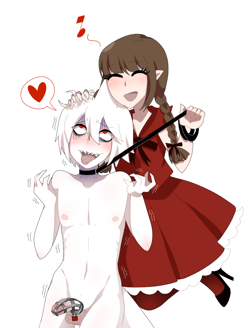 1boy 1girl ahegao blush bow braid brown_hair chastity_cage closed_eyes clothed_female_nude_male collar collar_and_leash colored_skin completely_nude dress fins fish_tail frilled_dress frills funamusea gallaxi hair_between_eyes hair_bow happy head_fins heart hetero high_heels leash leash_pull long_hair navel nipples nude oounabara_to_wadanohara open_mouth pantyhose penis pointy_ears red_bow red_dress red_eyes red_pantyhose red_ribbon ribbon saliva shark_boy shark_fin shark_tail sharp_teeth simple_background small_penis smile speech_bubble spoken_heart strangling syakesan_(funamusea) tail teeth testicles tongue trembling twin_braids wadanohara wadanohara_(red_sea) white_background white_hair white_skin