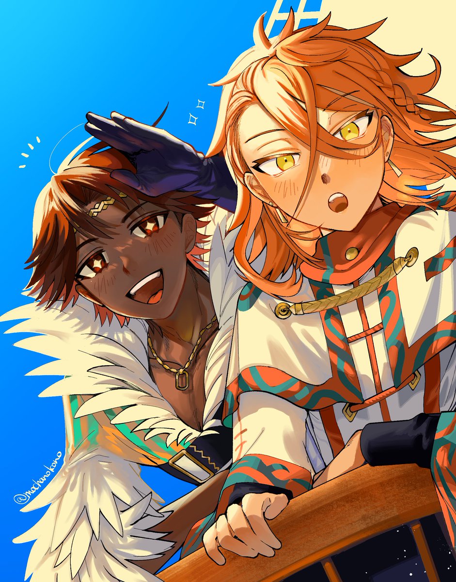 2boys circlet dark-skinned_male dark_skin feather_collar feather_trim fire_emblem fire_emblem_engage fogado_(fire_emblem) gold_circlet gold_necklace highres jewelry mochako_(motyako_1005) multiple_boys necklace nintendo open_mouth orange_hair pandreo_(fire_emblem) prince star-shaped_pupils star_(symbol) symbol-shaped_pupils very_dark_skin yellow_eyes