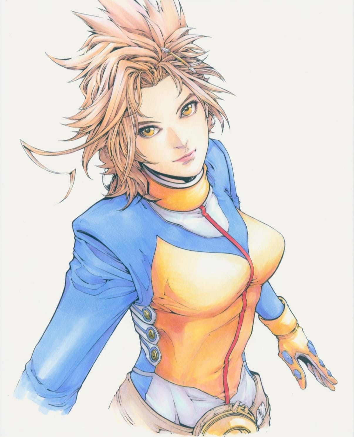 1girl andy_seto anling_(cyber_weapon_z) breasts brown_hair chinese_commentary commentary cyber_weapon_z english_commentary forehead hair_ornament hairclip highres jacket marker_(medium) medium_breasts mixed-language_commentary multicolored_jacket pink_lips smile solo traditional_media two-tone_gloves two-tone_jacket upper_body yellow_eyes