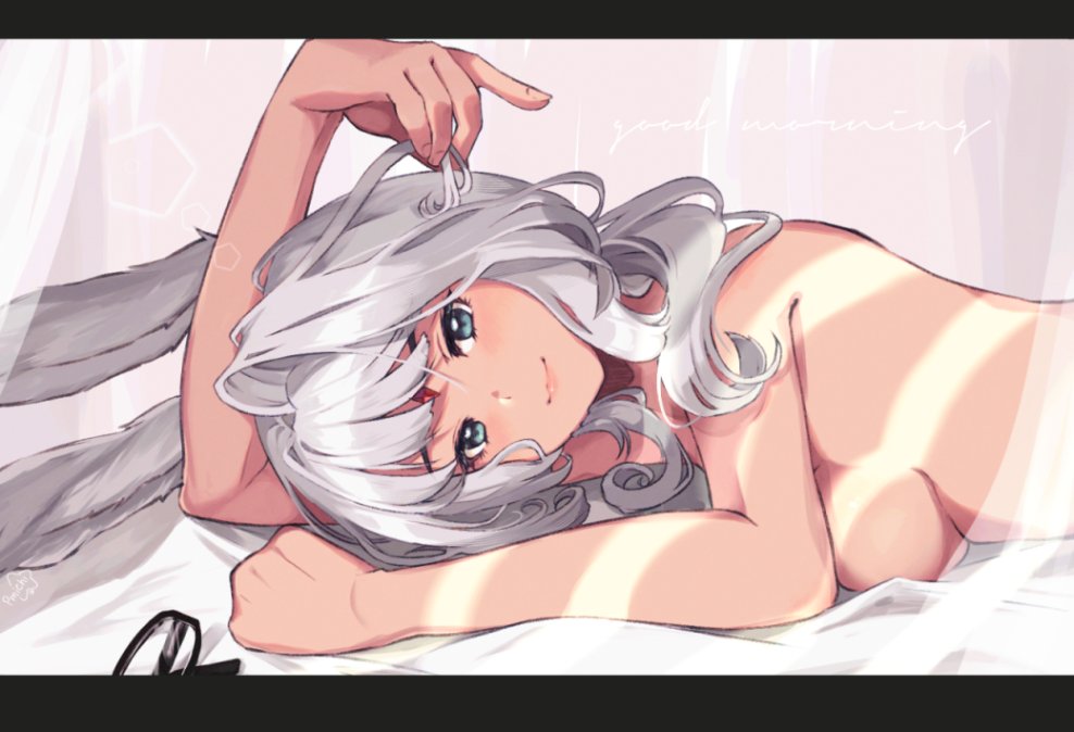 1girl animal_ears asagawa_mikan_(peachy_michi) bed bed_sheet blue_eyes blush breasts dark-skinned_female dark_skin female_focus final_fantasy final_fantasy_xiv grey_hair letterboxed looking_at_viewer lying medium_breasts nude on_stomach rabbit_ears smile solo sunlight under_covers upper_body viera warrior_of_light_(ff14)