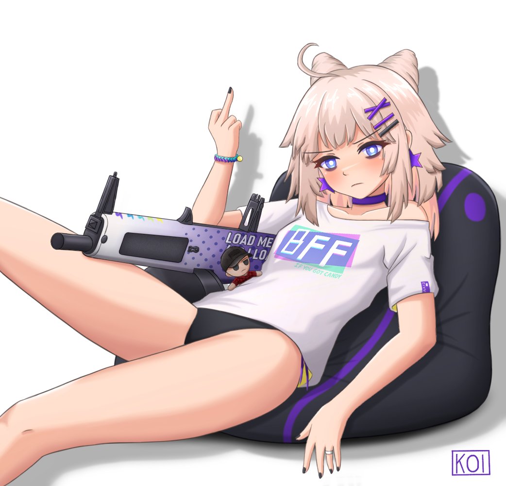 1girl aa-12 aa-12_(girls&#039;_frontline) ahoge automatic_shotgun bare_shoulders black_nails black_panties blue_eyes blush brown_hair choker closed_mouth clothes_writing collarbone combat_shotgun commentary cone_hair_bun drop_shadow drum_magazine earrings english_commentary english_text feet_out_of_frame girls&#039;_frontline gun hair_bun hair_ornament hairclip high-capacity_magazine jewelry keionspiral magazine_(weapon) middle_finger nail_polish name_connection no_pants object_namesake off_shoulder panties purple_choker shirt short_sleeves shotgun side-tie_panties simple_background solo star_(symbol) star_earrings underwear v-shaped_eyebrows weapon white_background white_shirt x_hair_ornament