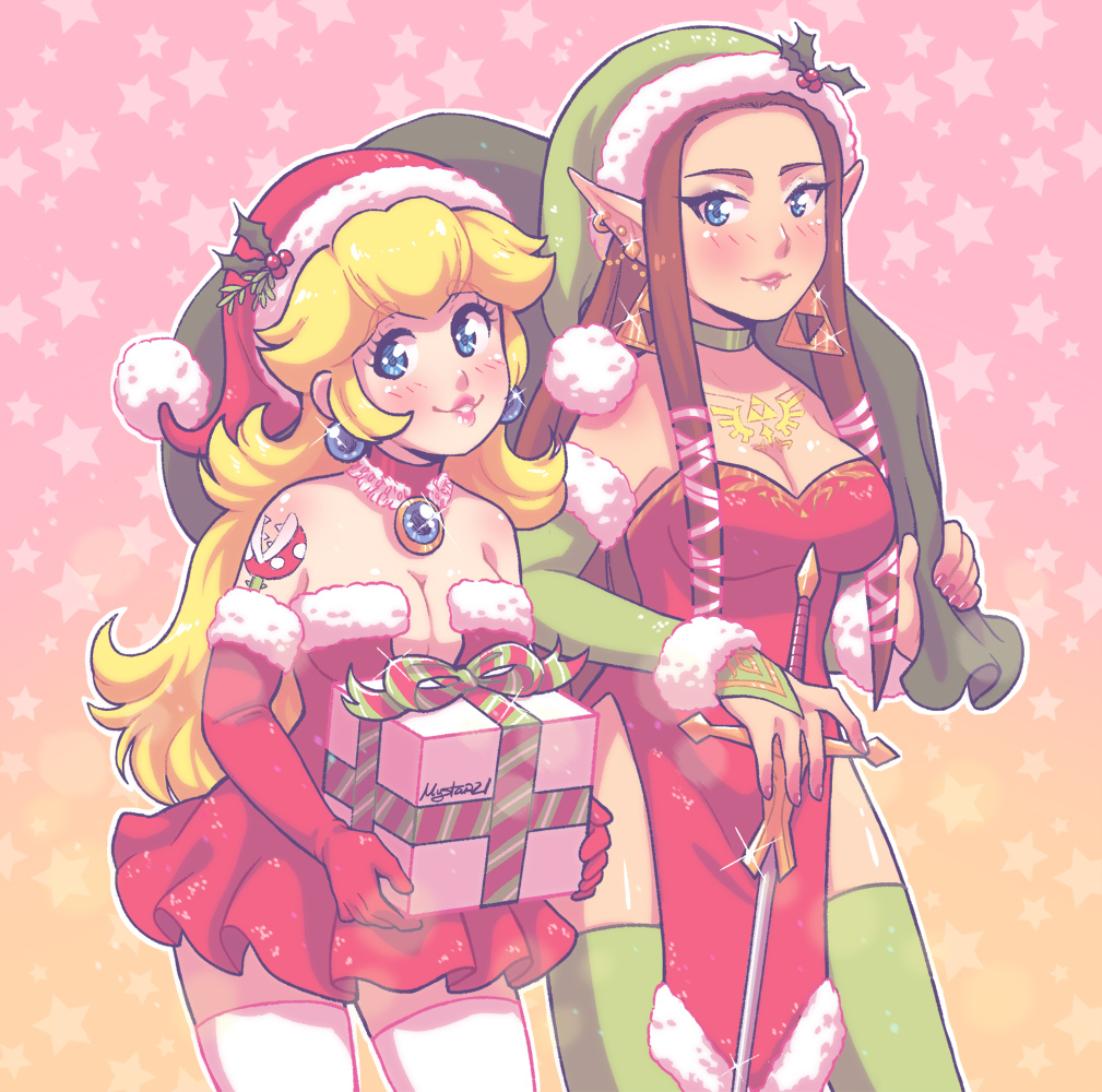 2girls blonde_hair blue_eyes blush breasts brown_hair christmas cleavage earrings gift hat jewelry lipstick long_hair looking_at_viewer makeup mario_(series) multiple_girls mystar21 nintendo piranha_plant pointy_ears princess_peach princess_zelda santa_costume santa_hat shiny_skin skirt standing super_mario_bros._1 super_smash_bros. sword tattoo the_legend_of_zelda the_legend_of_zelda:_twilight_princess thighhighs triforce twintails weapon
