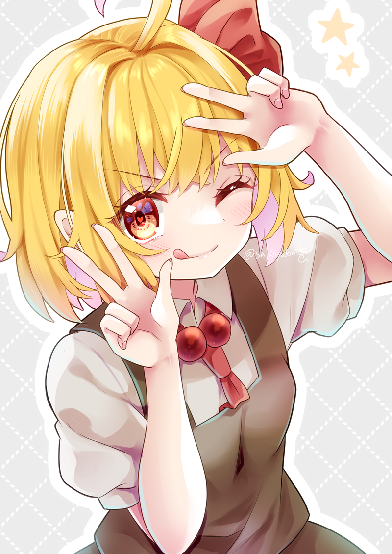 1girl ;) ;q ahoge argyle_background bare_arms black_skirt blonde_hair collared_shirt commentary_request dotted_line double_w fingernails heart heart_in_eye looking_at_viewer necktie one_eye_closed orange_eyes outline red_necktie rumia sakuyabm shirt short_hair short_sleeves skirt skirt_set smile solo star_(symbol) symbol_in_eye tongue tongue_out touhou twitter_username v-shaped_eyebrows w white_outline white_shirt