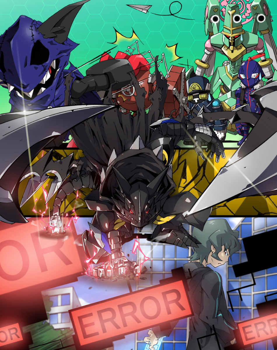 appmon biomon blonde_hair cape dezipmon digimon digimon_universe:_appli_monsters hackmon_(appmon) highres katsura_rei looking_at_viewer mailmon protecmon raidramon short_hair spikes