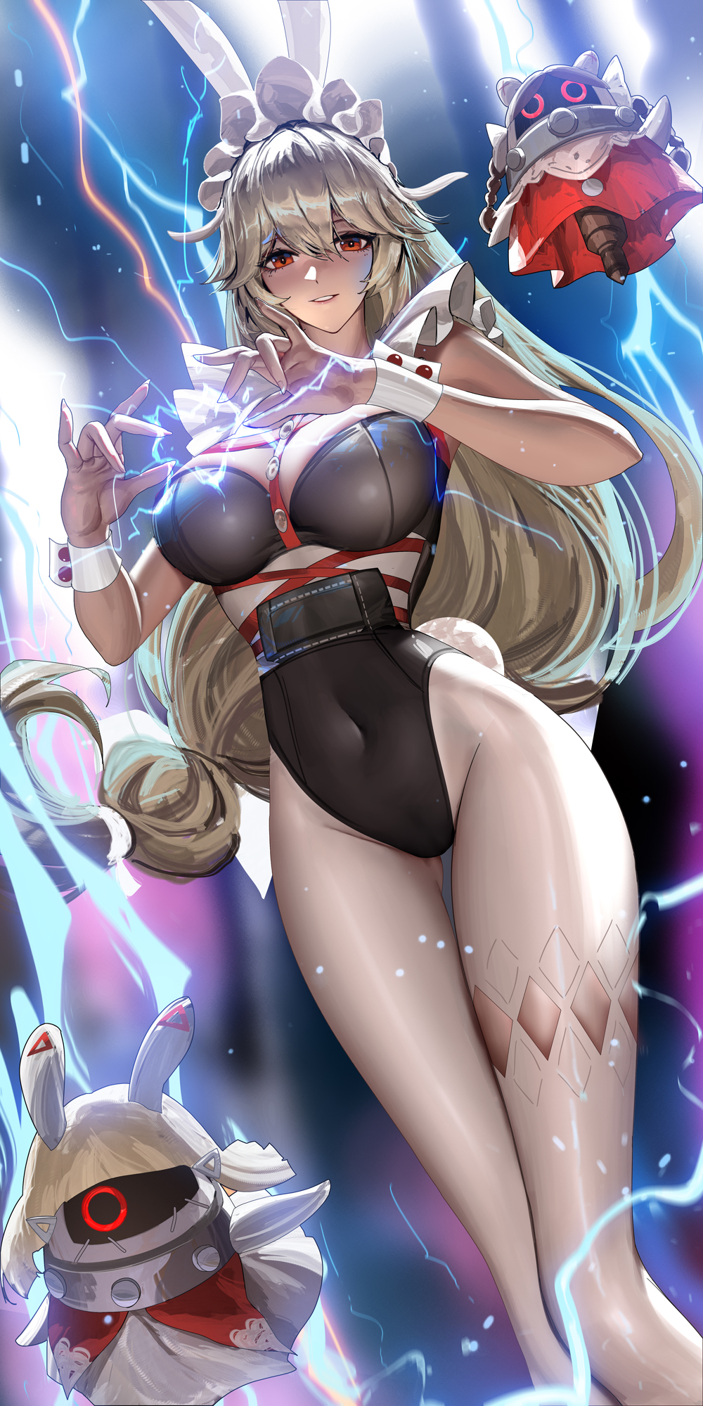 1girl alexandrina_sebastiane anastella_(zenless_zone_zero) animal_ears bangboo_(zenless_zone_zero) black_hair black_leotard breasts cleavage commentary drusilla_(zenless_zone_zero) electricity english_commentary fake_animal_ears fake_tail frills grey_hair hair_between_eyes heart highres large_breasts leotard liang_xing lightning long_hair looking_at_viewer low-tied_long_hair maid_headdress parted_lips rabbit_ears rabbit_tail red_eyes side_slit smile solo standing tail very_long_hair zenless_zone_zero