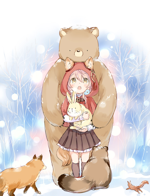 1girl :o animal animal_ear_fluff animal_ears bare_tree bear bird blush breath brown_eyes brown_skirt brown_socks capelet ears_through_headwear fox frilled_skirt frills hair_between_eyes holding holding_animal hood hood_up hooded_capelet kneehighs long_sleeves open_mouth original pink_hair pleated_skirt rabbit red_capelet shirt skirt snow snow_on_head socks solo squirrel standing tail tree wataame27 white_shirt wolf-chan_(wataame27) wolf_ears wolf_girl wolf_tail